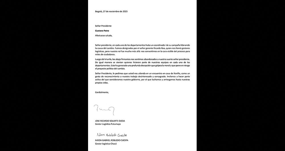   El inconformismo de siete gestores logísticos de la campaña quedó plasmado en una carta dirigida al presidente Gustavo Petro.
