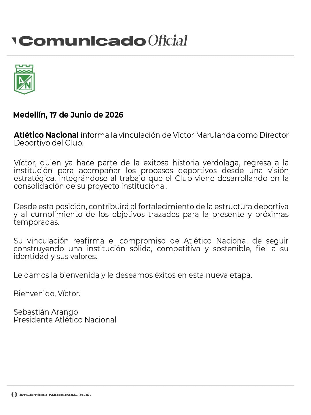 Comunicado de Atlético Nacional