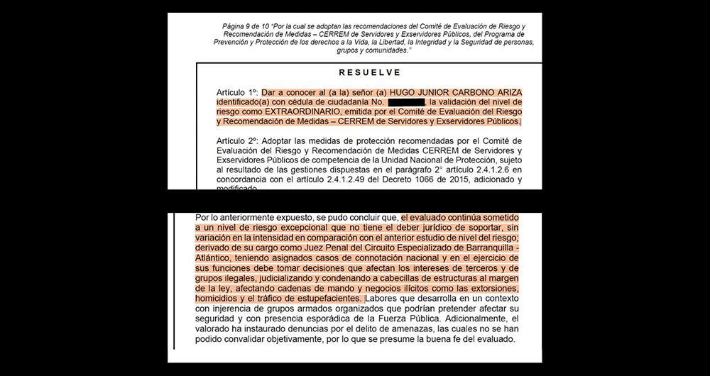     “Se pudo concluir que el evaluado continúa sometido a un nivel de riesgo excepcional que no tiene el deber jurídico de soportar”, se lee en la resolución de la UNP.