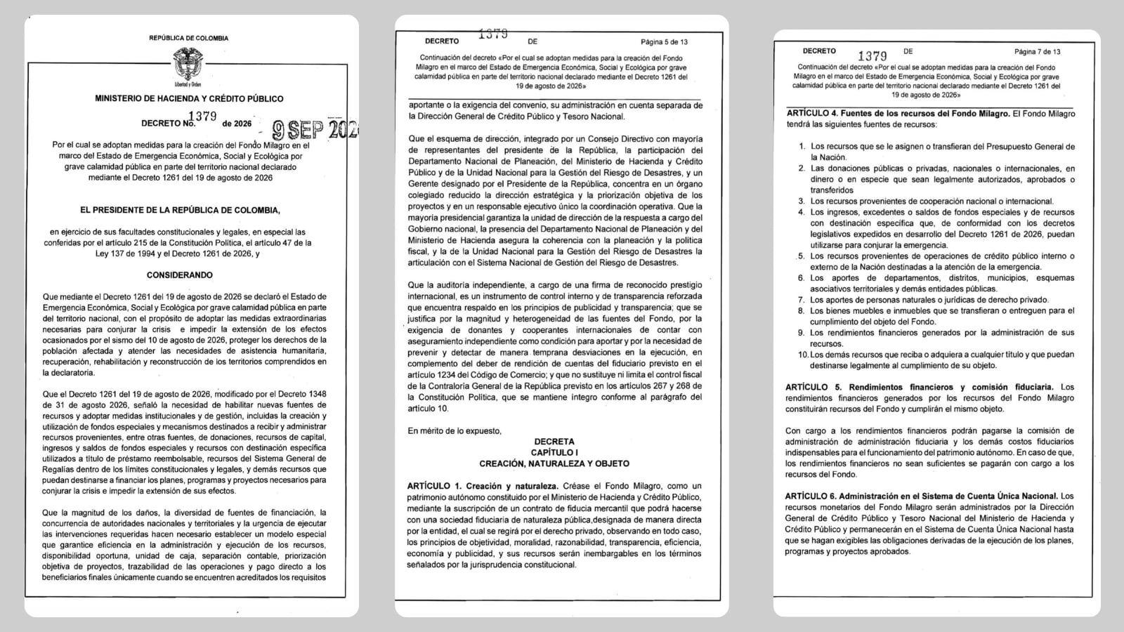 Imagen del Decreto 1379 de 2026 queformalizó la creación del Fondo Milagro para canalizar recursos destinados a la atención de la emergencia.