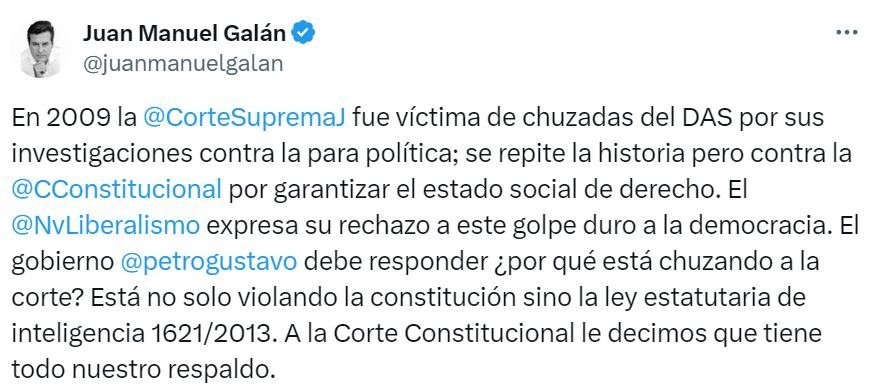 El excongresista Juan Manuel Galán se pronunció por denuncias de chuzadas a la Corte Constitucional.