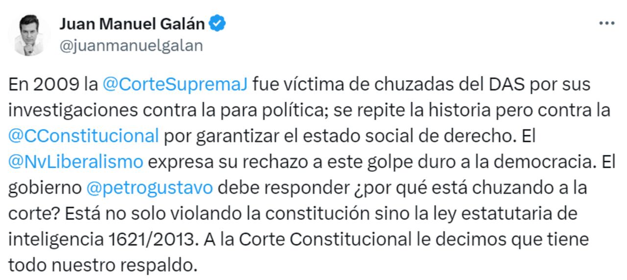 El excongresista Juan Manuel Galán se pronunció por denuncias de chuzadas a la Corte Constitucional.