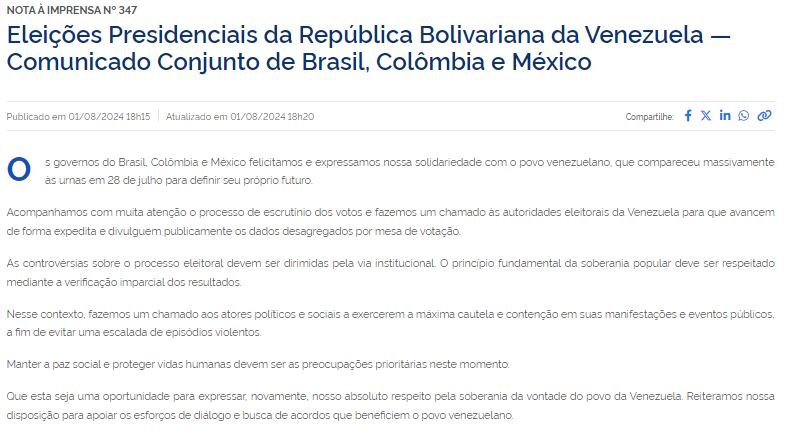 Este es el comunicado emitido por el Ministerio de Relaciones Exteriores de Brasil