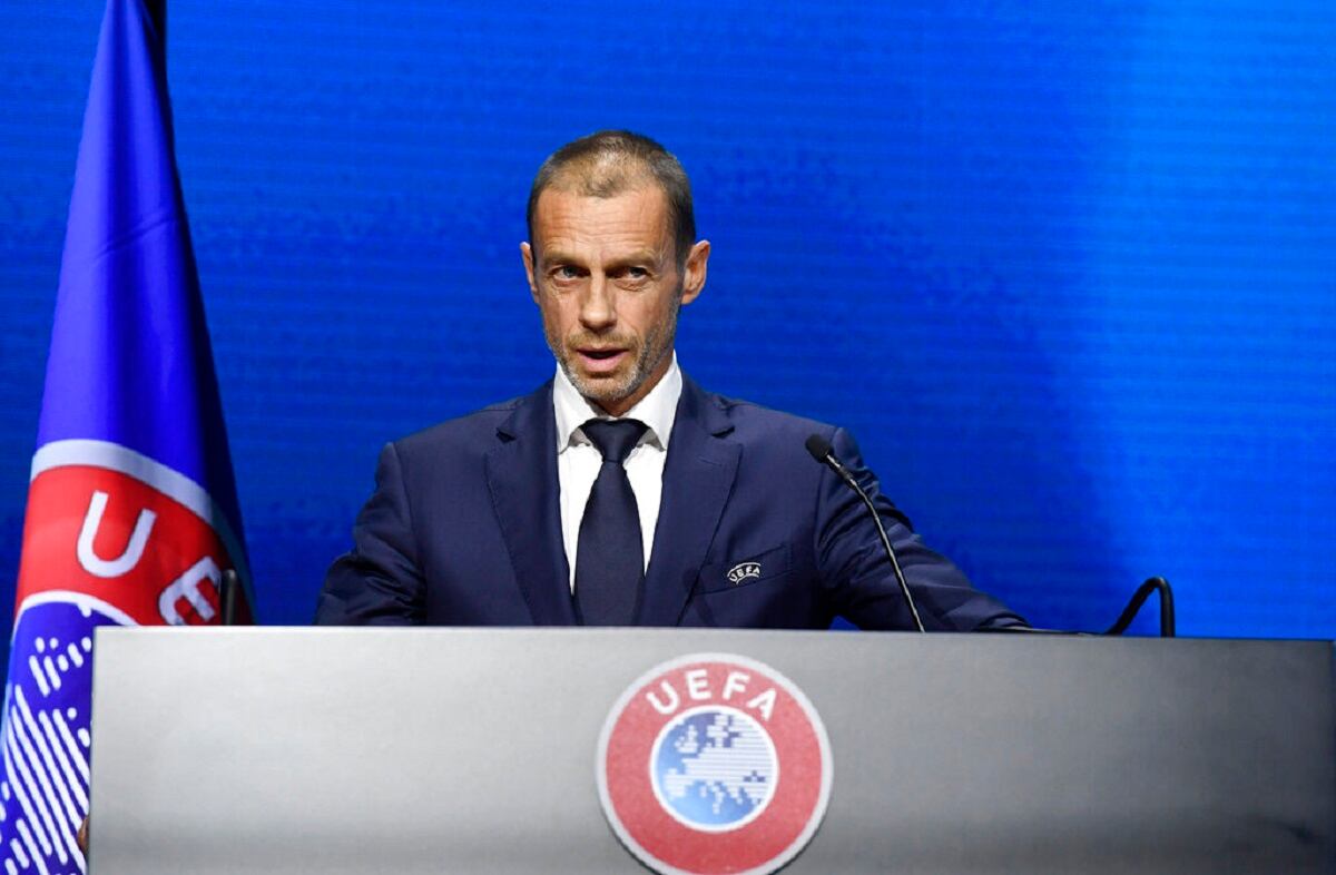 El presidente de la UEFA Aleksander Ceferin durante el Congreso de la UEFA en Montreux, Suiza, el martes 20 de abril de 2021. (Richard Juilliart/UEFA vía AP)