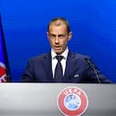 El presidente de la UEFA Aleksander Ceferin durante el Congreso de la UEFA en Montreux, Suiza, el martes 20 de abril de 2021. (Richard Juilliart/UEFA vía AP)