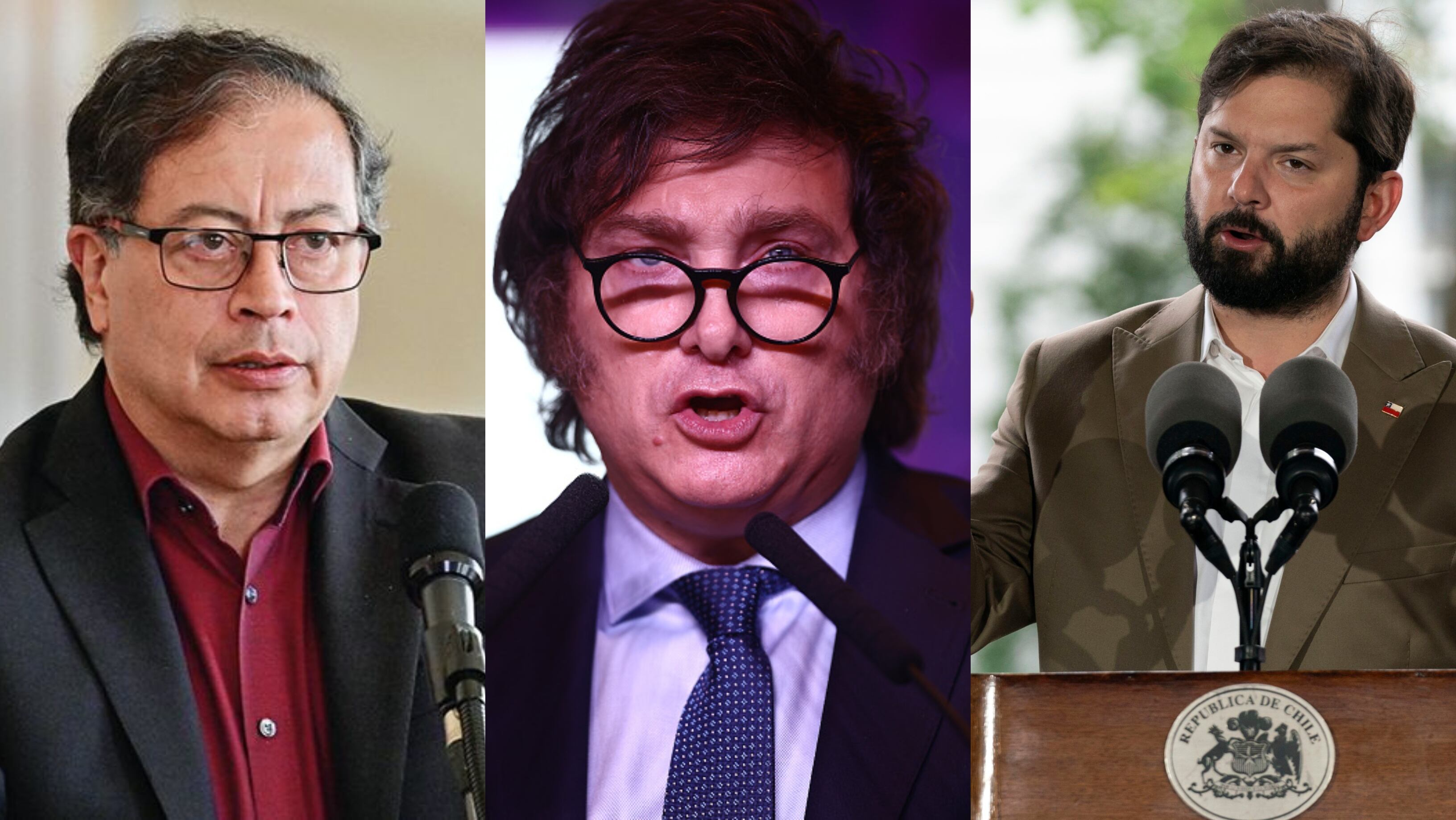 De izquierda a derecha: Gustavo Petro, Javier Milei y Gabriel Boric.