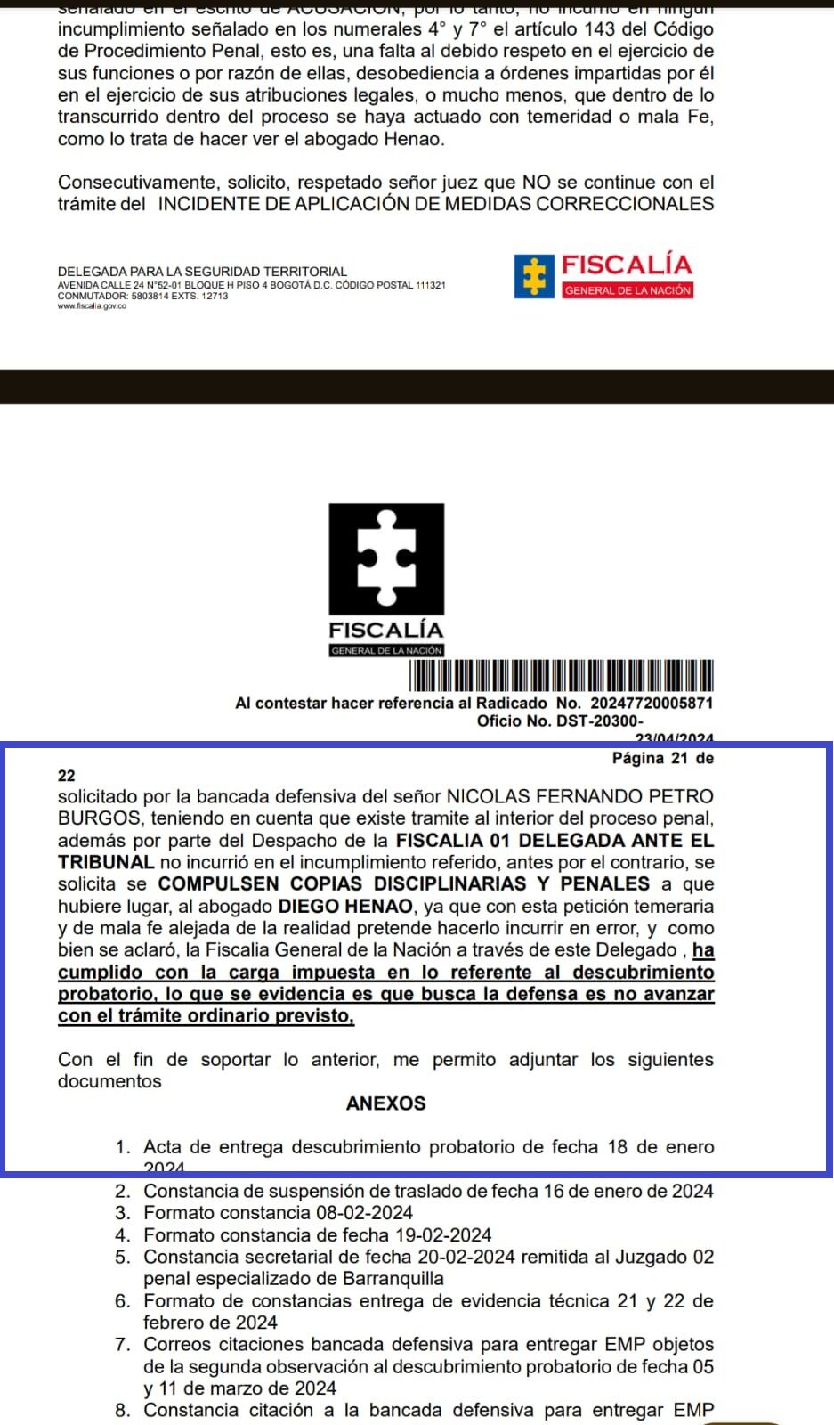 El fiscal Mario Burgos pidió investigar penal y disciplinariamente al abogado de Nicolás Petro.