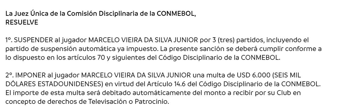 El brasileño recibió la tarjeta roja en el partido entre Argentinos Juniors y Fluminense. Esta es su sanción final