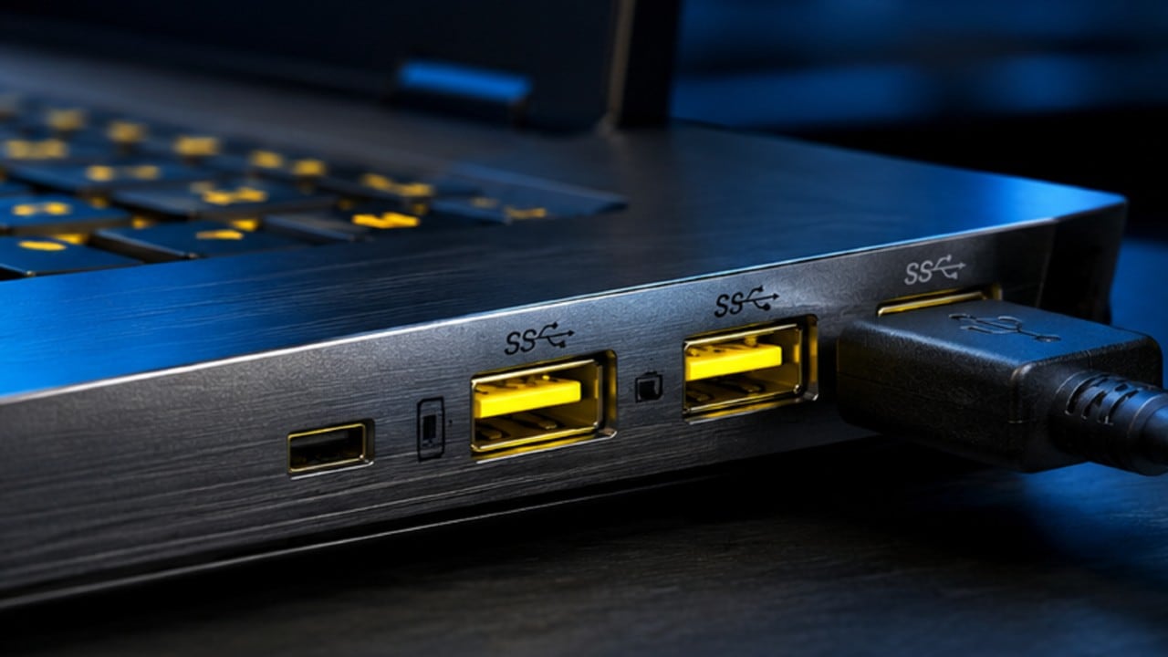 Ilustración de puertos USB amarillos.