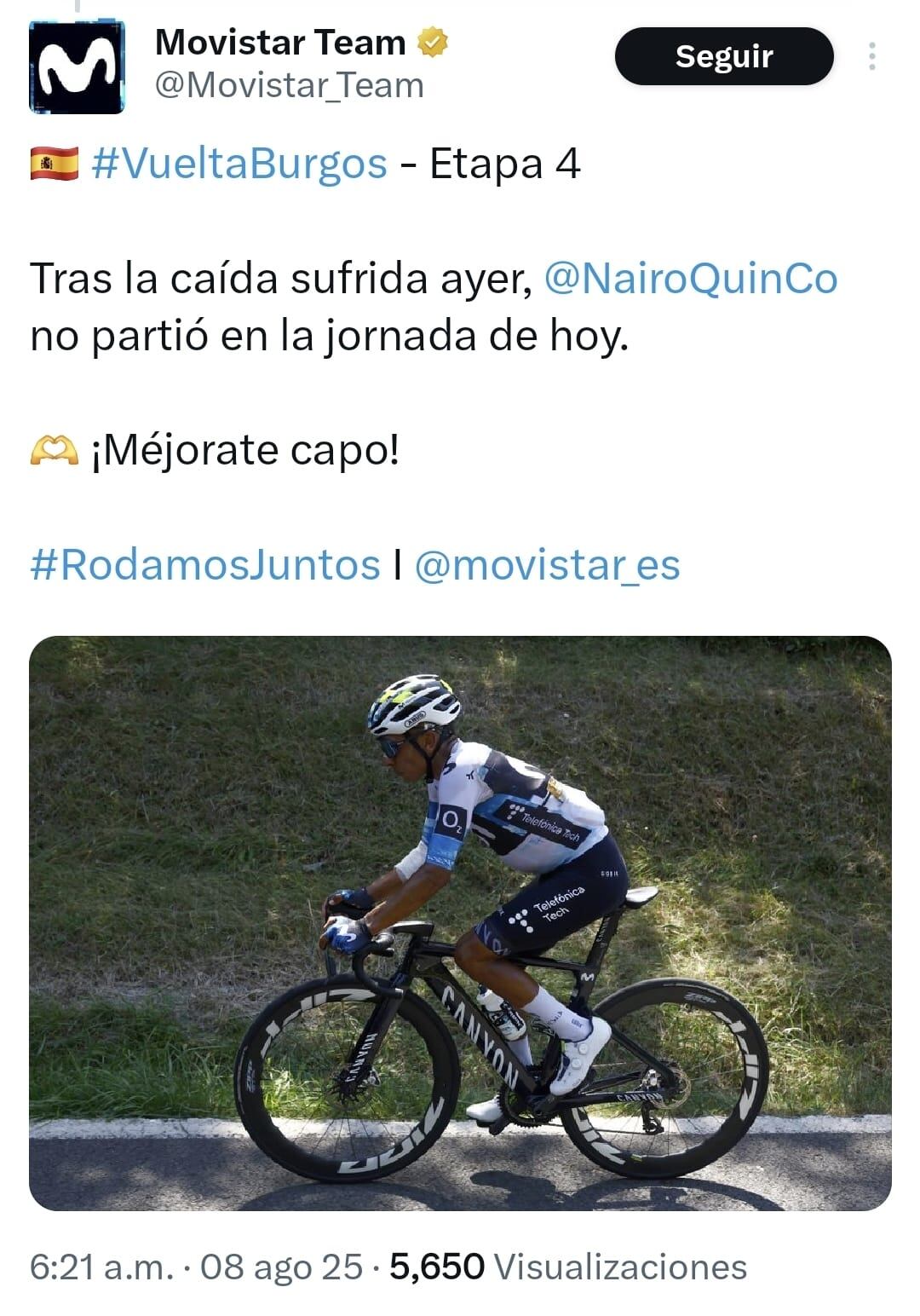 Movistar confirma el retiro de Nairo Quintana en la Vuelta a Burgos 2025