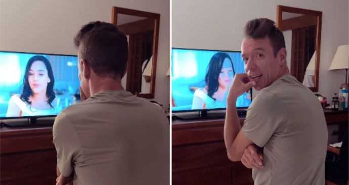 Rigoberto Urán viendo la novela de 'Rigo' en RCN