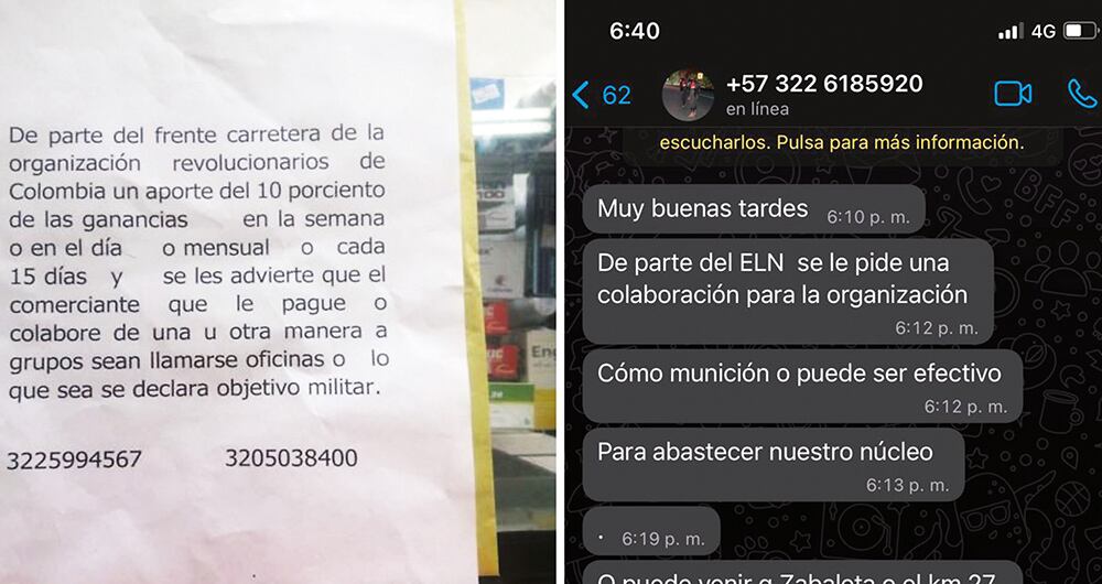 Este es el panfleto y la respuesta del mensaje de WhatsApp enviado por las supuestas milicias urbanas del ELN, que les exigen aportes a los comerciantes de Cali y la región.