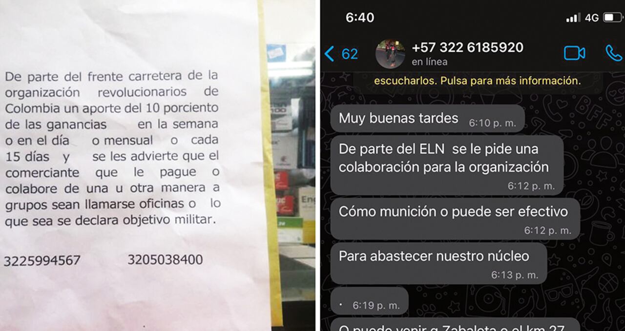 Este es el panfleto y la respuesta del mensaje de WhatsApp enviado por las supuestas milicias urbanas del ELN, que les exigen aportes a los comerciantes de Cali y la región.