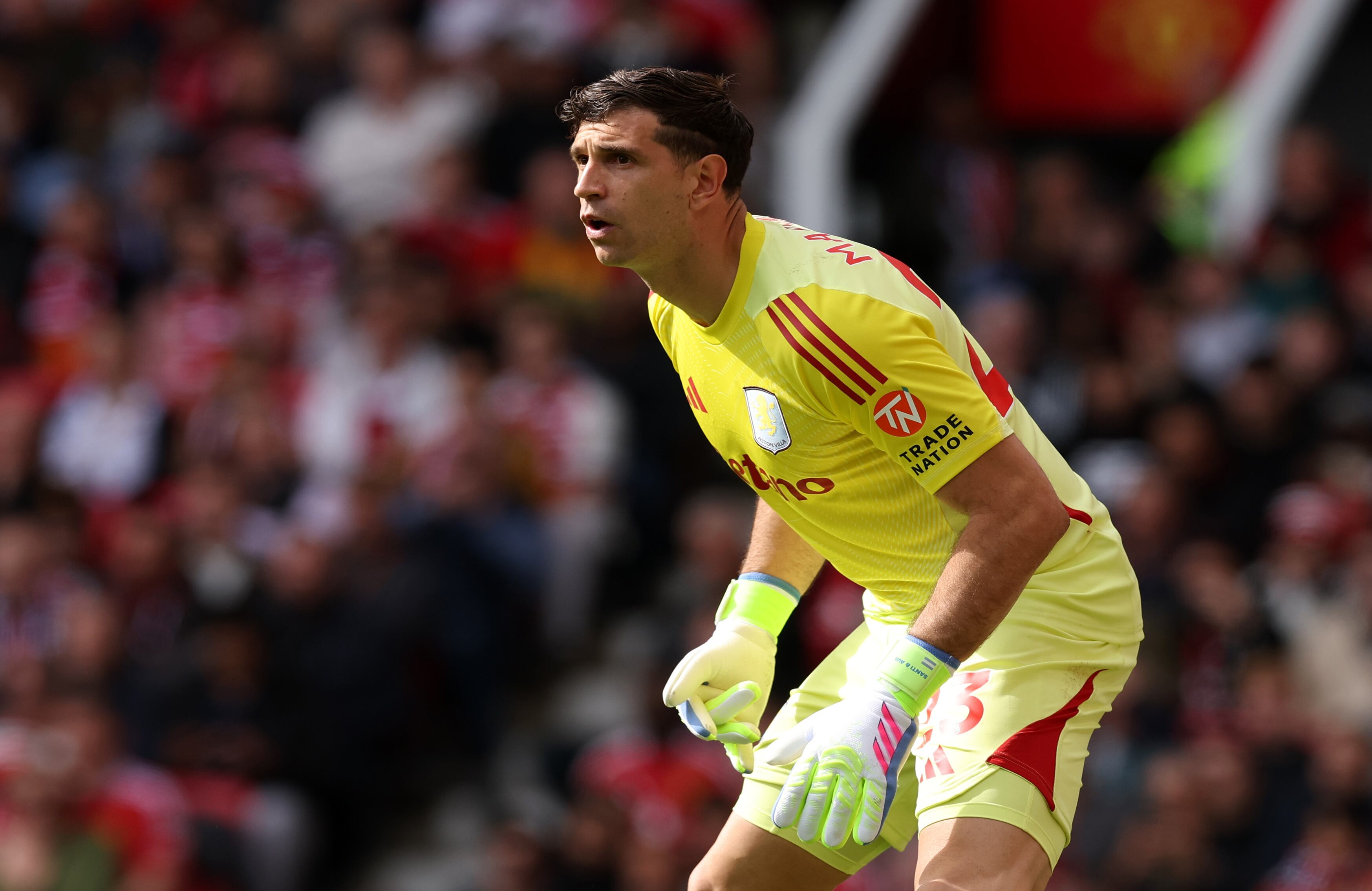 MANCHESTER, ENGLAND - MAY 25: Emiliano Martinez of Aston Villa looks on during the Premier League match between Manchester United FC and Aston Villa FC at Old Trafford on May 25, 2025 in Manchester, England. (Photo by Neville Williams/Aston Villa FC via Getty Images)