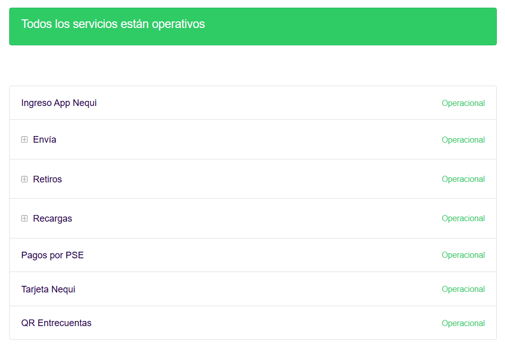 Página 'Estado de nuestros servicios' de Nequi.