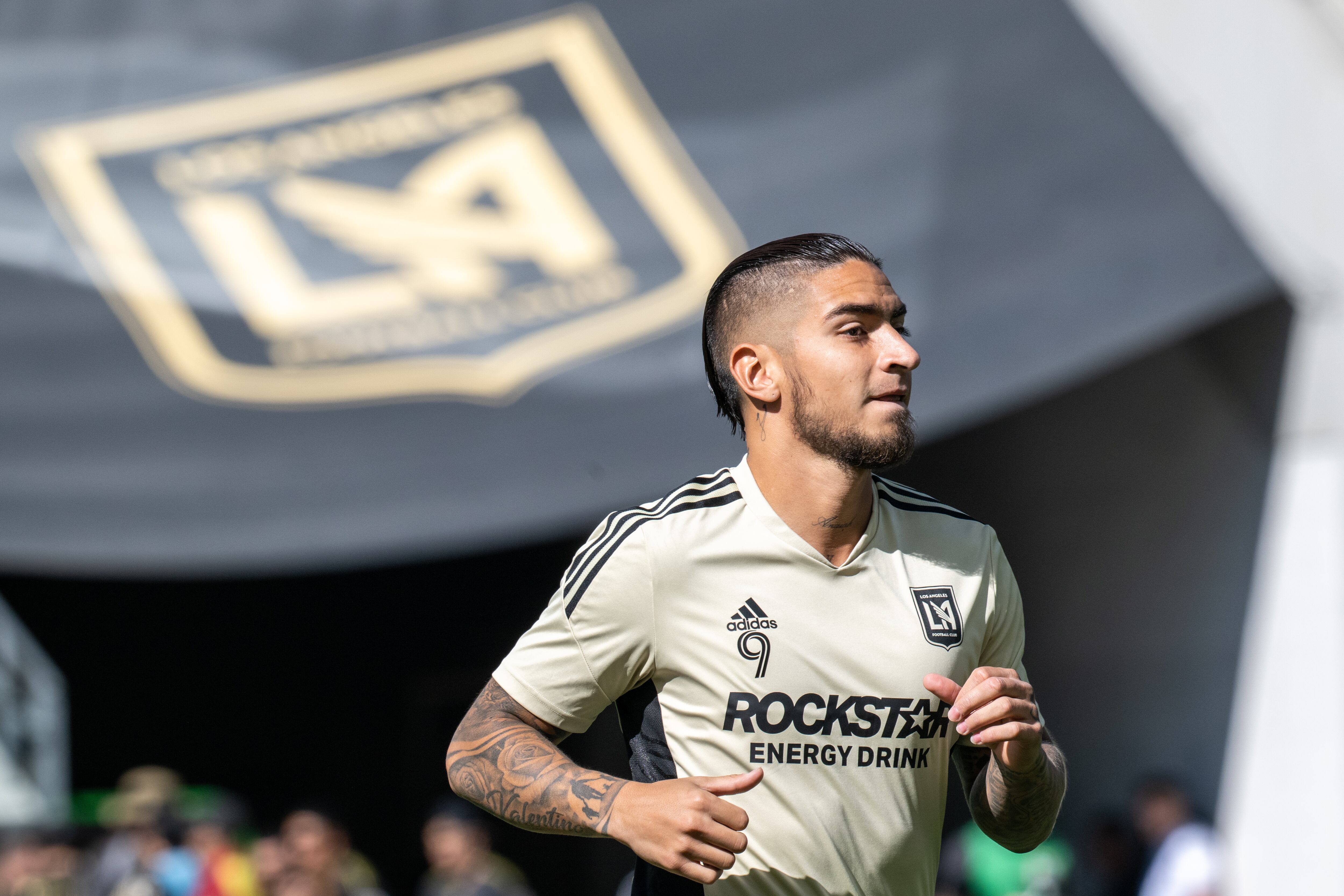 LOS ANGELES, CA - OCTOBER 30: Cristian Arango #9 of Los Angeles FC prior to the the MLS Cup Western Conference Final match against Austin FC at Banc of California Stadium in Los Angeles, California on October 30, 2022.  Los Angeles FC won the match 3-0 (Photo by Shaun Clark/Getty Images)