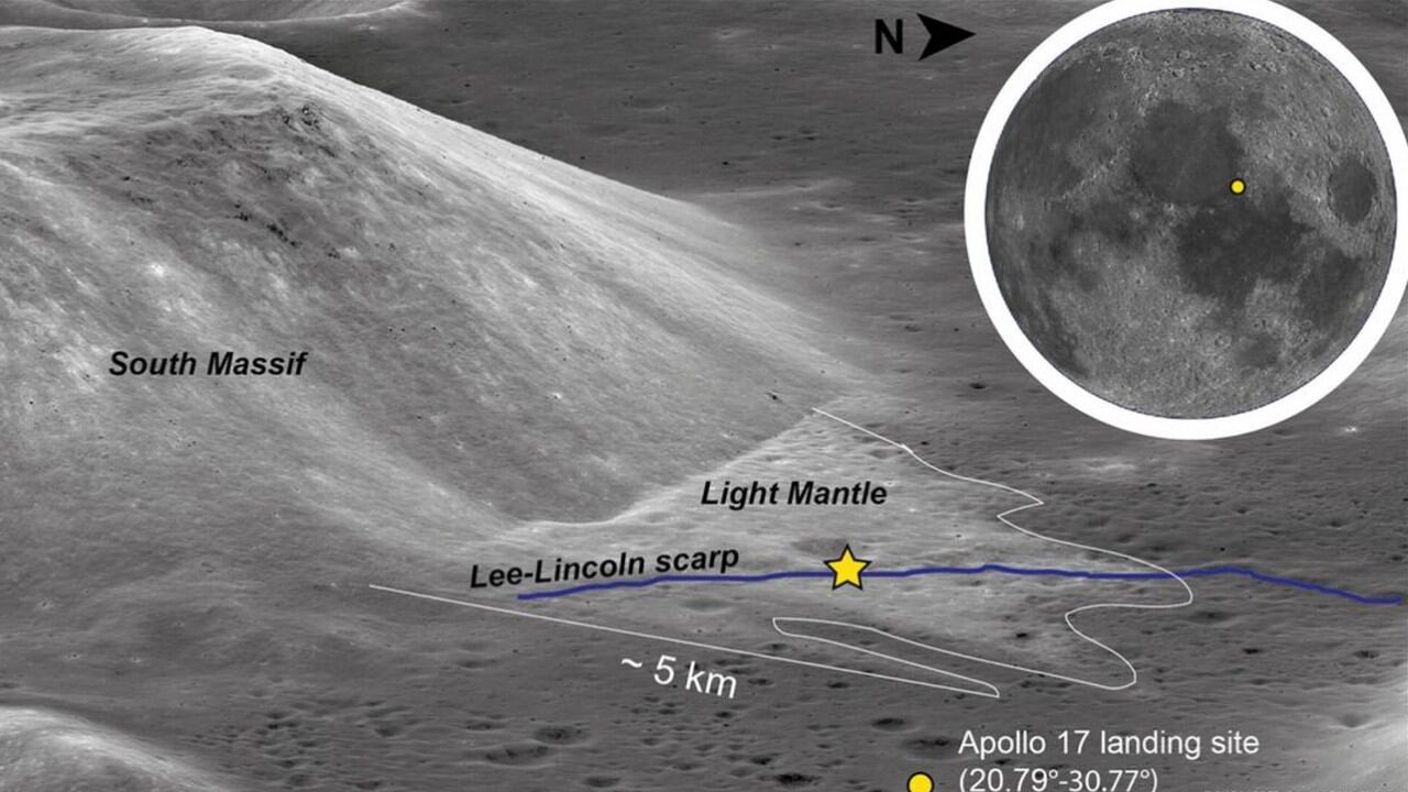 La imagen muestra el valle Taurus-Littrow con el Manto Ligero (una franja brillante de 5 km) y el punto exacto donde la misión Apolo 17 extrajo en 1972 las muestras que, cinco décadas después, revelan los secretos del único deslizamiento de tierra conocido en la Luna.