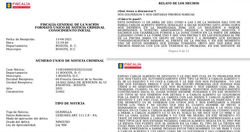 Extracto de la denuncia interpuesta por Luís Hernando Cortés y Carlos Espitia contra sus atacantes, por discriminación y lesiones personales.