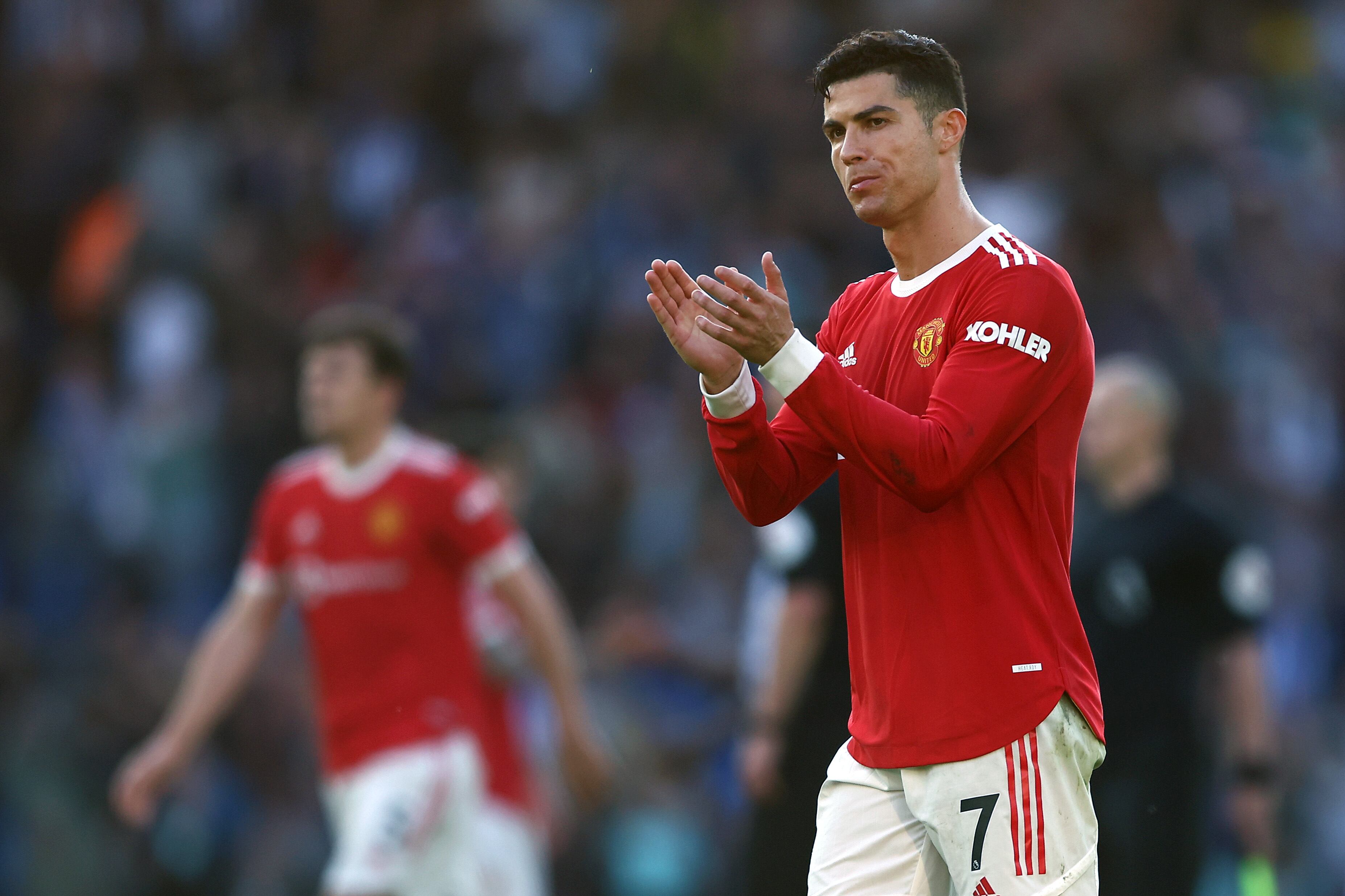 BRIGHTON, ENGLAND - MAY 07: Cristiano Ronaldo of Manchester United applauds the fans after their sides defeat during the Premier League match between Brighton & Hove Albion and Manchester United at American Express Community Stadium on May 07, 2022 in Brighton, England. (Photo by Bryn Lennon/Getty Images)