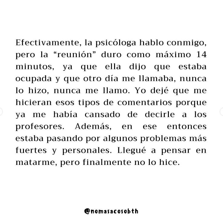 Este es el Testimonio #29 recopilado por la cuenta de Instagram @nomasacosobth para denunciar los presuntos casos de acoso sexual, maltrato, bullying y homofobia en el colegio Las Bethlemitas.