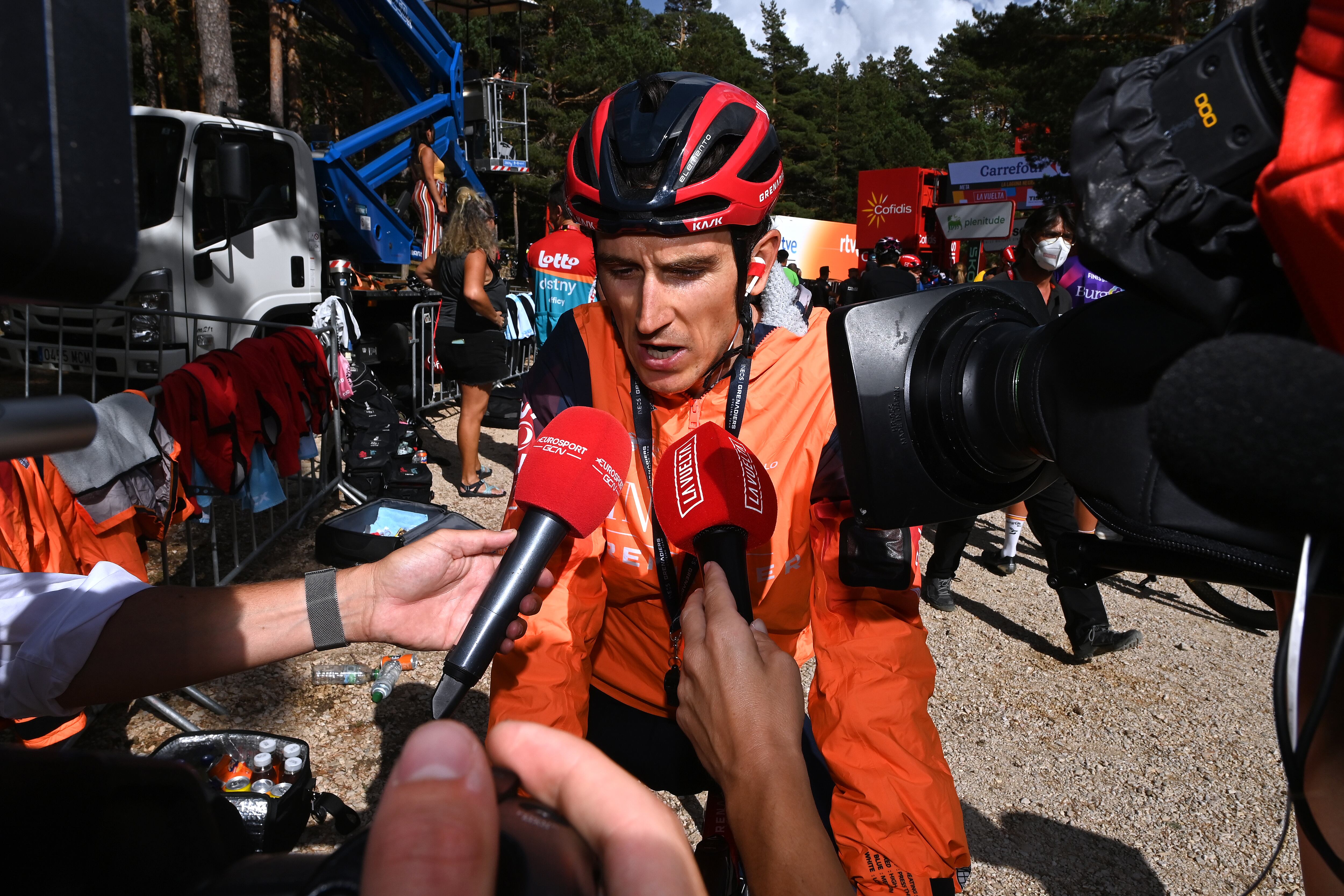 LA LAGUNA NEGRA.VINUESA, SPAIN - SEPTEMBER 06: Geraint Thomas of The United Kingdom and Team INEOS Grenadiers meets the media press after the 78th Tour of Spain 2023, Stage 11 a 163.2km stage from Lerma to La Laguna Negra. Vinuesa 1730m / #UCIWT / on September 06, 2023 in La Laguna Negra.Vinuesa, Spain. (Photo by Tim de Waele/Getty Images)