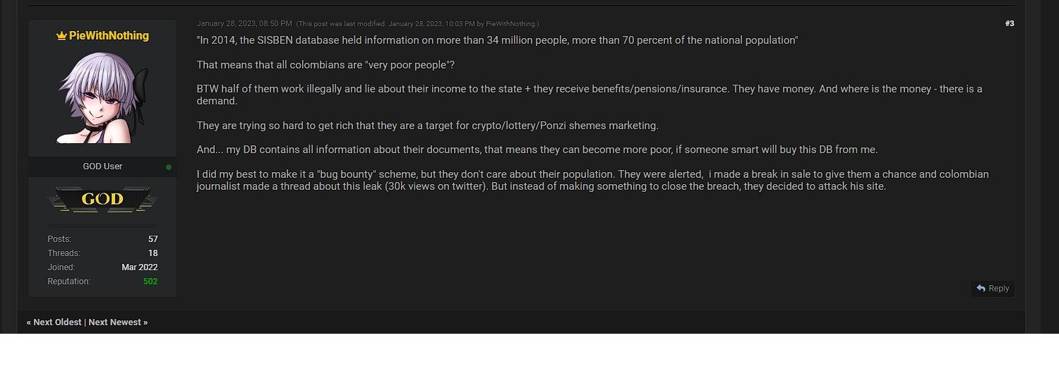 Imagen del foro en el que un hacker vende información del Sisbén