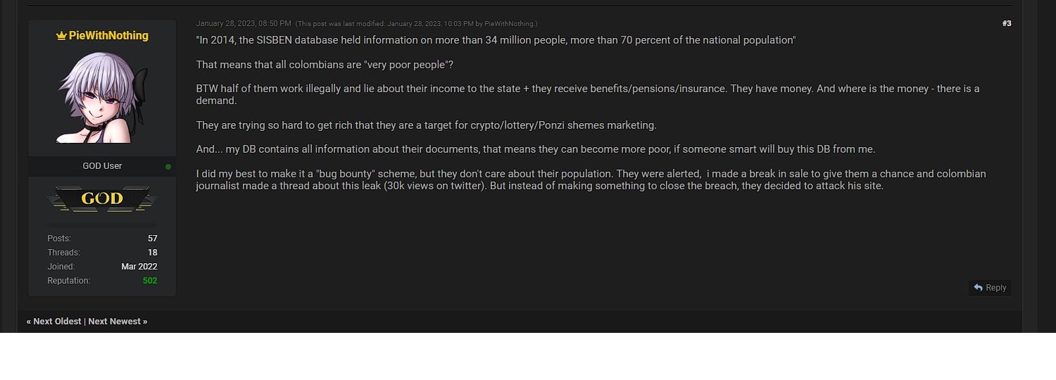 Imagen del foro en el que un hacker vende información del Sisbén