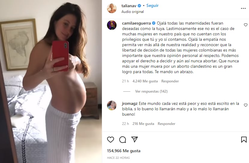 Taliana Vargas despertó muchas opiniones entre sus seguidores por video criticando la decisión de la Corte de despenalizar el aborto en Colombia. Foto: Captura de pantalla Instagram @talianav