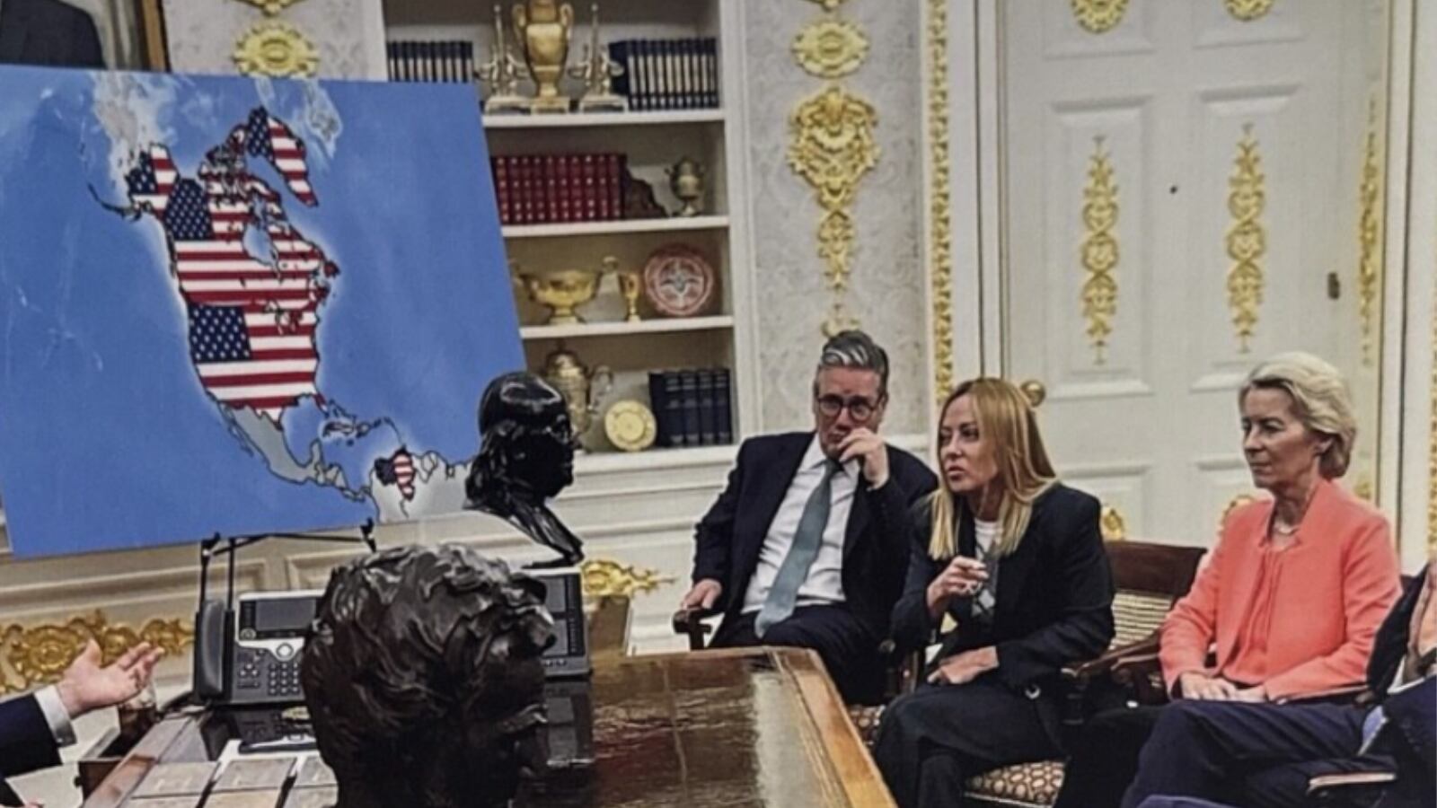 El presidente de Estados Unidos compartió en Truth Social una imagen alterada en la que Groenlandia, Canadá y Venezuela aparecen como parte del territorio estadounidense, generando reacciones diplomáticas
