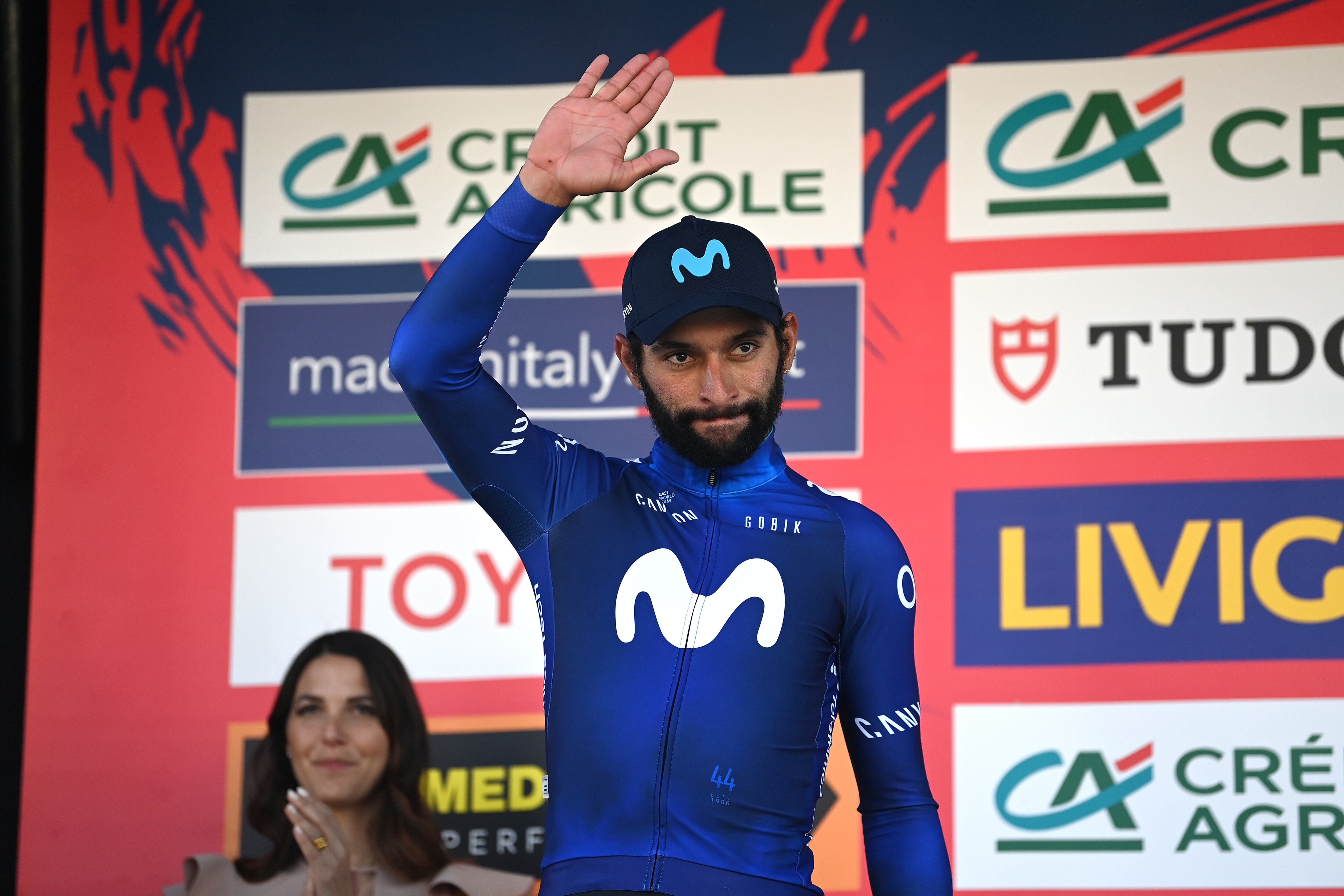 ORBASSANO, ITALY - MARCH 15: Fernando Gaviria of Colombia and Movistar Team poses on the podium ceremony after the the 104th Milano-Torino 2023 a 192km one day race from Rho to Orbassano / #MilanoTorino / on March 15, 2023 in Orbassano, Italy. (Photo by Tim de Waele/Getty Images)