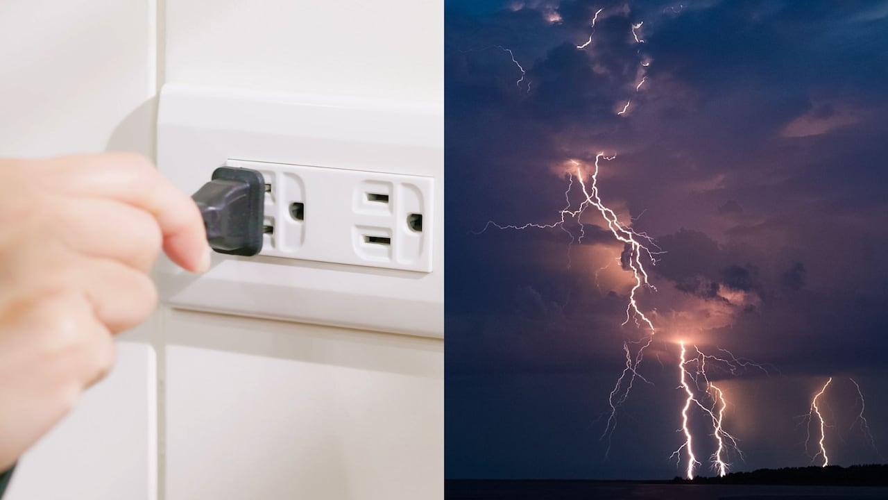 Imagen de referencia de persona desconectando sus electrodomésticos durante una tormenta.