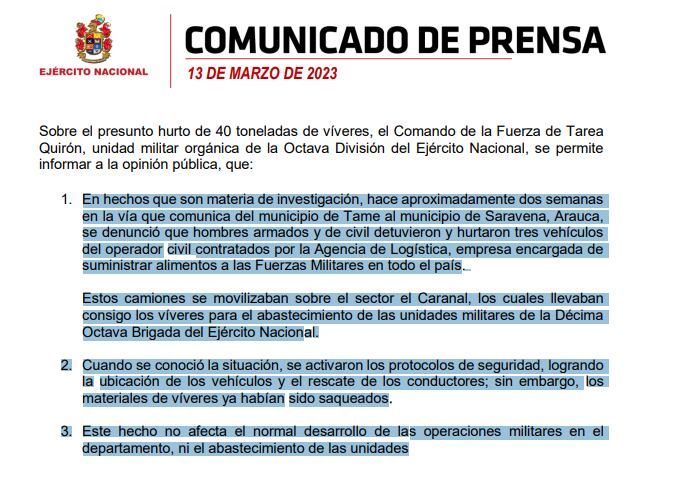 Ejército se pronunció sobre el robo de 40 toneladas de alimentos para los militares en Arauca.