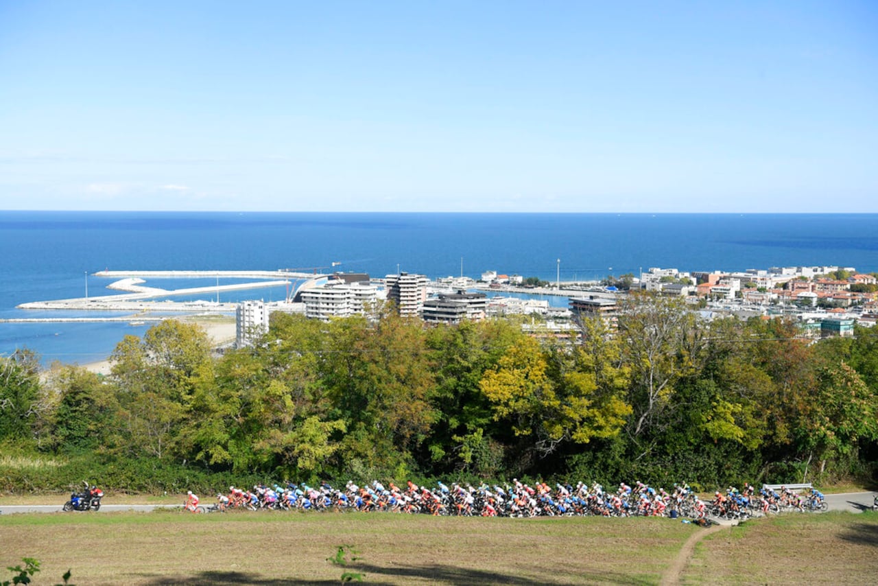 Cyclists pedal during the 11th stage of the Giro d'Italia cycling race, from Porto Sant'Elpidio to Rimini, Italy, Wednesday, Oct. 14, 2020. (Fabio Ferrari/LaPresse via AP)