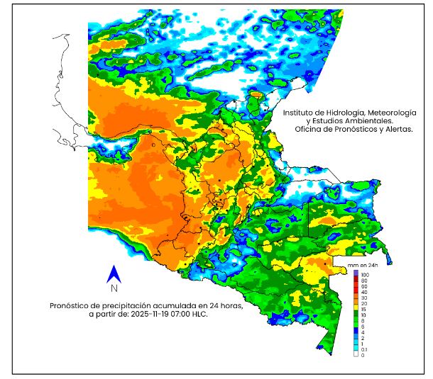 La escala de colores indica la cantidad de precipitación acumulada - miércoles 19 de noviembre de 2025