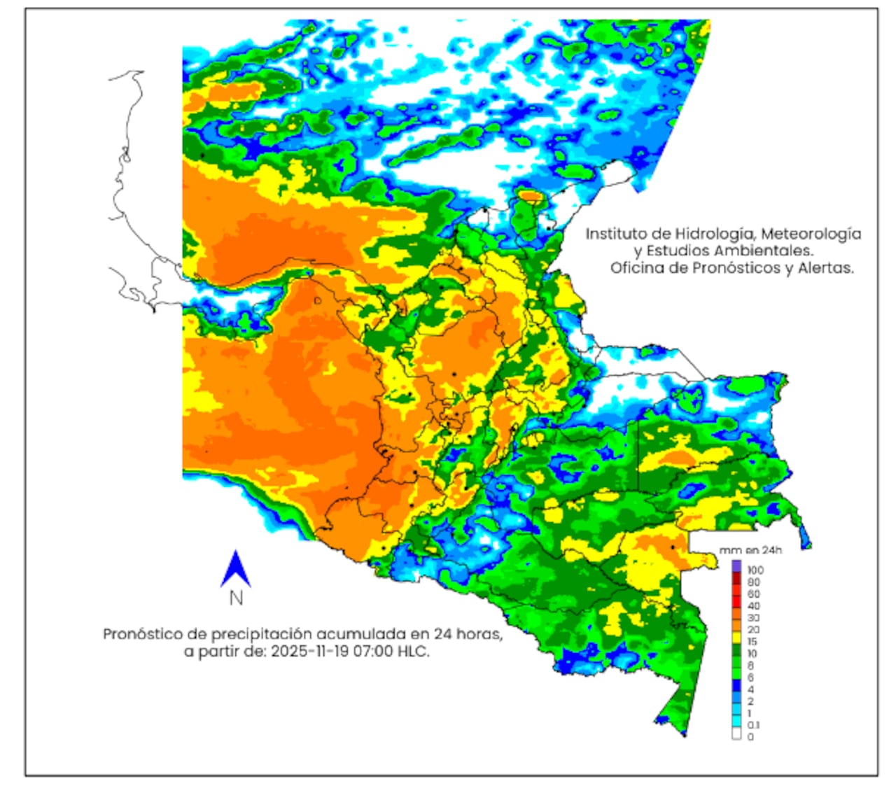 La escala de colores indica la cantidad de precipitación acumulada - miércoles 19 de noviembre de 2025