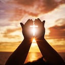 Human hands open palm up worship. Eucharist Therapy Bless God Helping Repent Catholic Easter Lent Mind Pray. Christian Religion concept background. fighting and victory for god