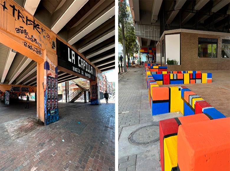 Antes y el después del espacio bajo puente de la calle 53 con avenida NQS en Teusaquillo