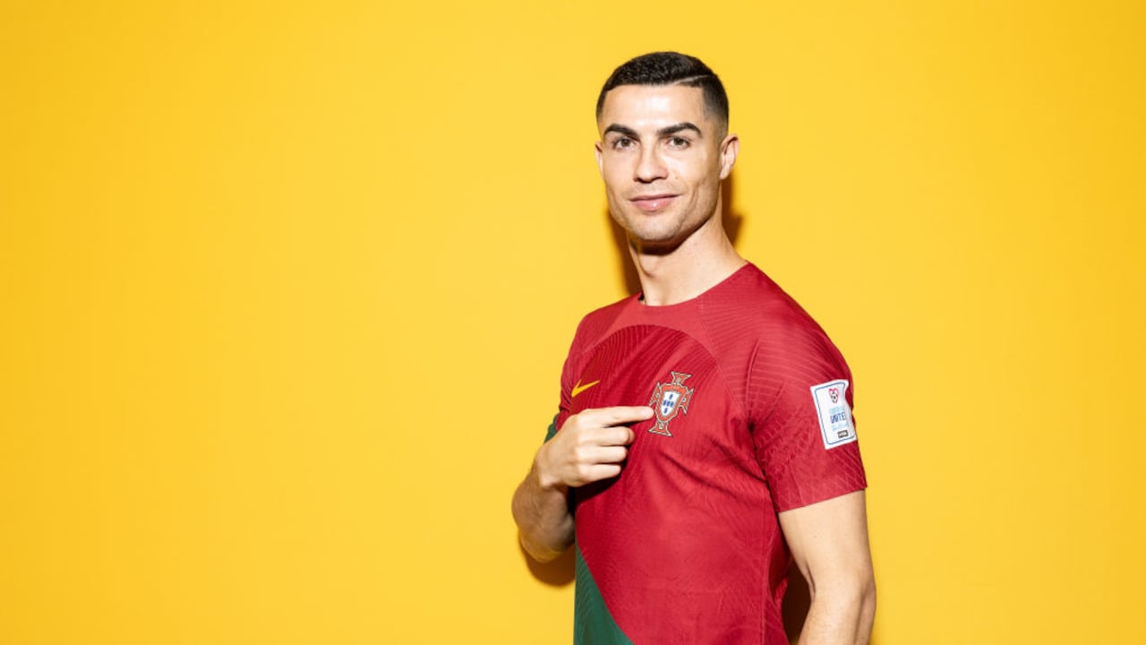 DOHA, QATAR - NOVEMBER 19: Cristiano Ronaldo of Portugal poses during the official FIFA World Cup Qatar 2022 portrait session on November 19, 2022 in Doha, Qatar. (Photo by Lars Baron - FIFA/FIFA via Getty Images)