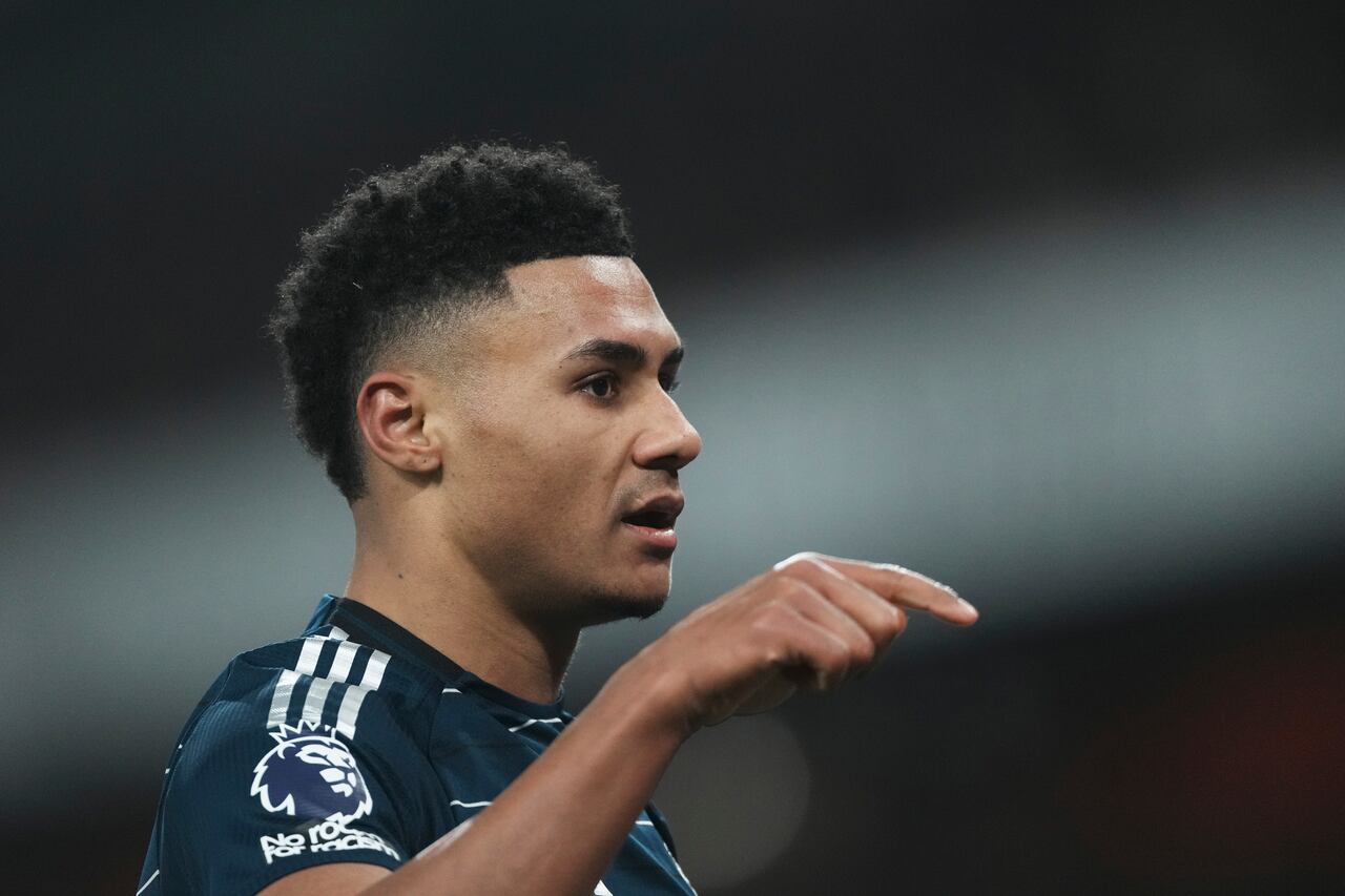 Aston Villa's Ollie Watkins celebrates after scoring his side's second goal during the English Premier League soccer match between Arsenal and Aston Villa at the Emirates Stadium in London, Saturday, Jan. 18, 2025. (AP Photo/ Dave Shopland)