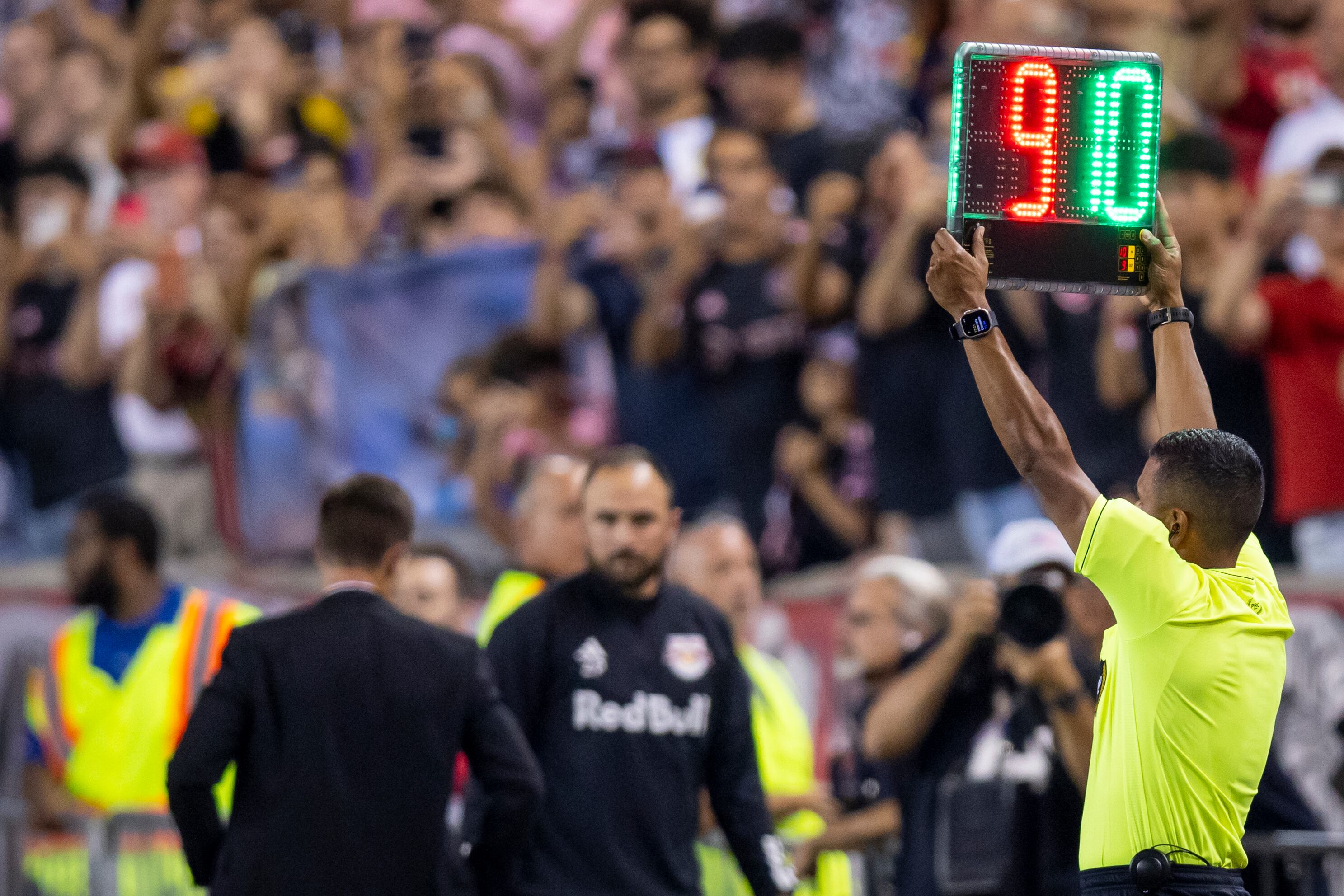 HARRISON, NEW JERSEY - AUGUST 26: The referee signals that a substitution will be made and it is Lionel Messi #10 of Inter Miami coming in for Leonardo Campana #9 of Inter Miami in the second half of the Major League Soccer match against the New York Red Bulls at Red Bull Arena on August 26, 2023 in Harrison, New Jersey. (Photo by Ira L. Black - Corbis/Getty Images)