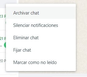 Ejemplo de la opción Archivar chat en WhatsApp Web.