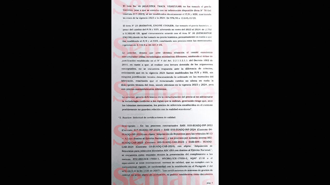El Ministerio de Defensa registra en la denuncia cómo un repuesto pasó de costar 3.142 dólares en 2023 a 30.184 dólares en 2024.