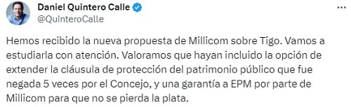 Daniel Quintero habla sobre la propuesta de Millicom.