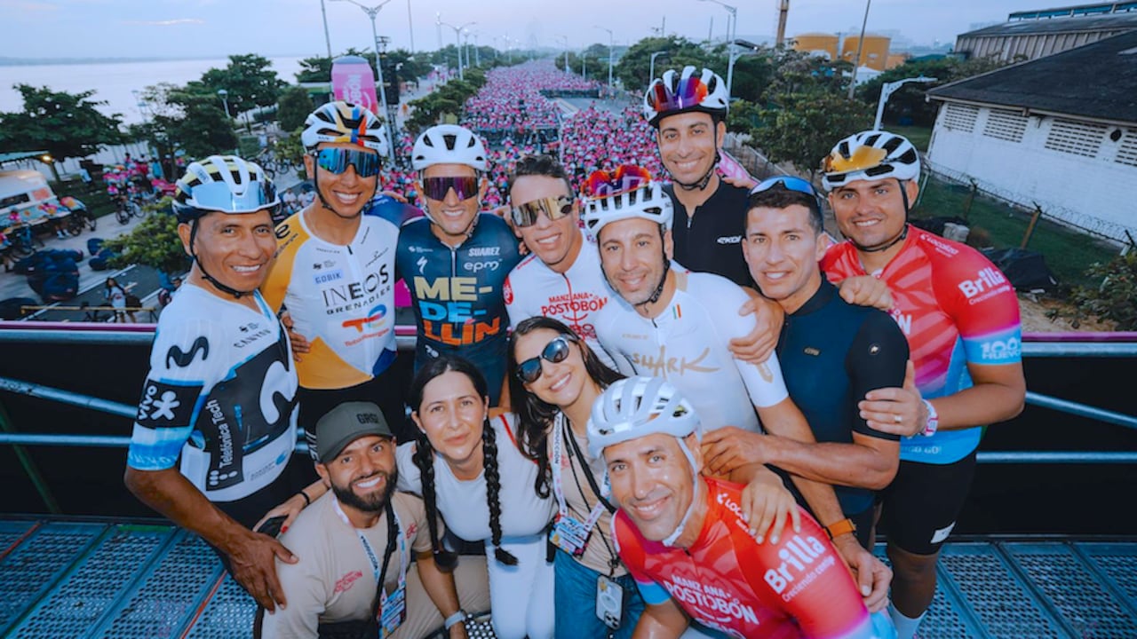 Nairo Quintana (Movistar), Egan Bernal (Ineos), Óscar Sevilla (Team Medellín), Rigoberto Urán (Manzana Postobón), Vincenzo Nibali (Shark), Fabio Aru (uniforme negro) y Sergio Luis Henao (uniforme azul oscuro) fueron algunas de las figuras del Giro de Rigo, en Barranquilla.