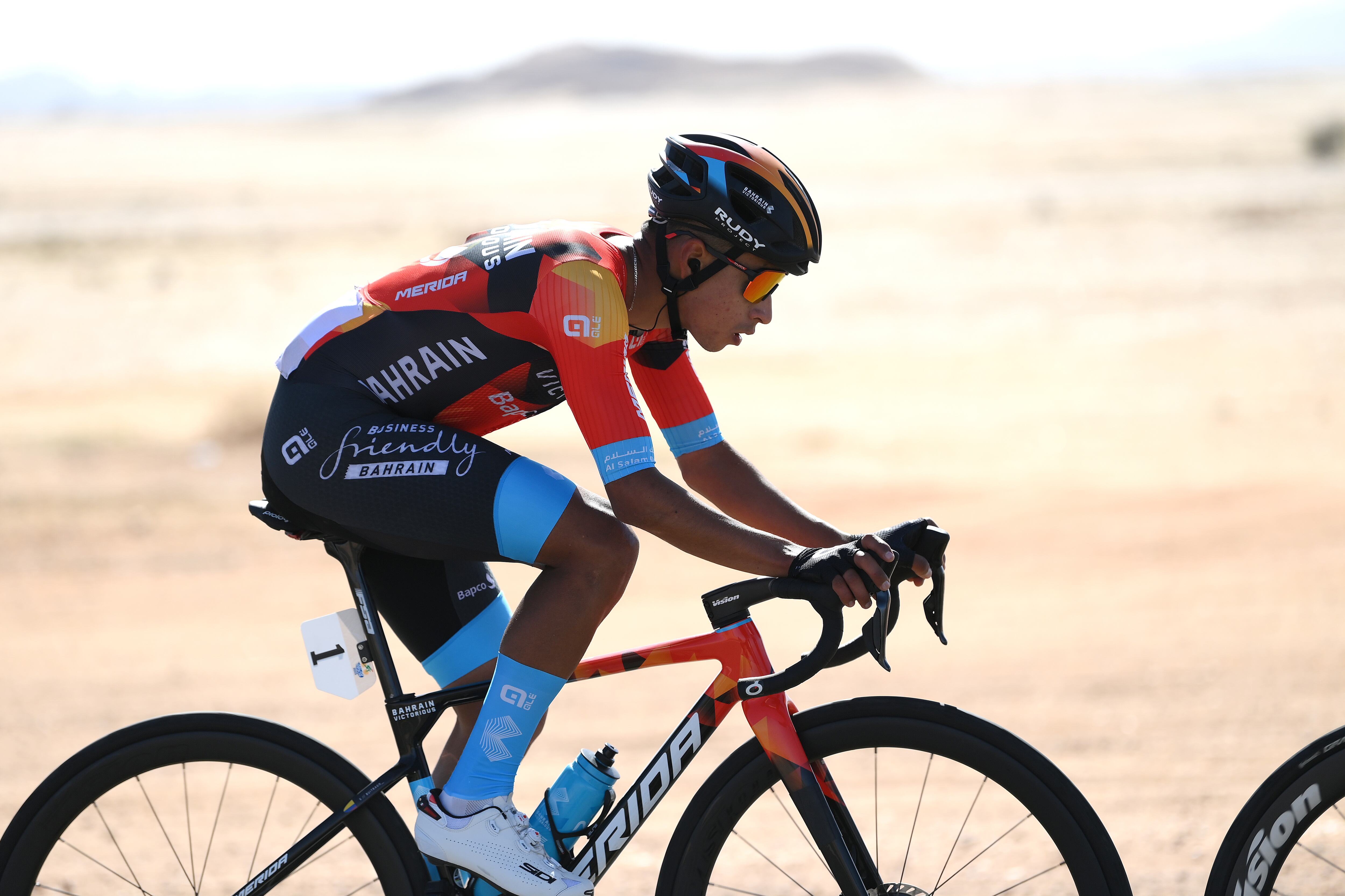 SKYVIEWS OF HARRAT UWAYRID, SAUDI ARABIA - FEBRUARY 02: Santiago Buitrago Sanchez of Colombia and Team Bahrain Victorious competes during the 3rd Saudi Tour 2023, Stage 4 a 163.3km stage from Maraya to Skyviews of Harrat Uwayrid 1159m / #SaudiTour / on February 02, 2023 in Skyviews of Harrat Uwayrid, Saudi Arabia. (Photo by Alex Broadway/Getty Images)