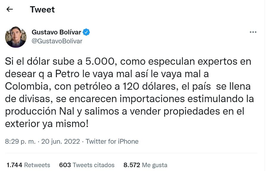 El trino que escribió en su momento Gustavo Bolívar sobre el dólar.