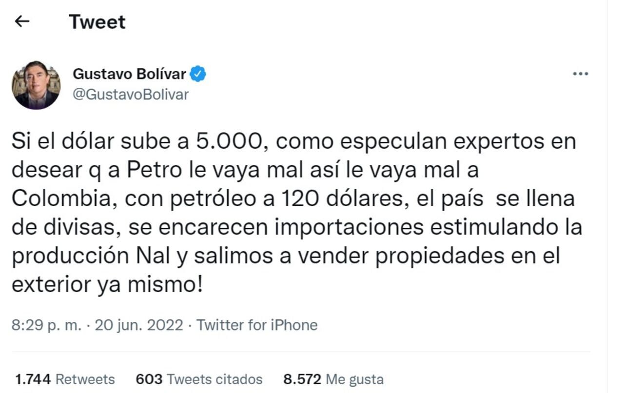 El trino que escribió en su momento Gustavo Bolívar sobre el dólar.