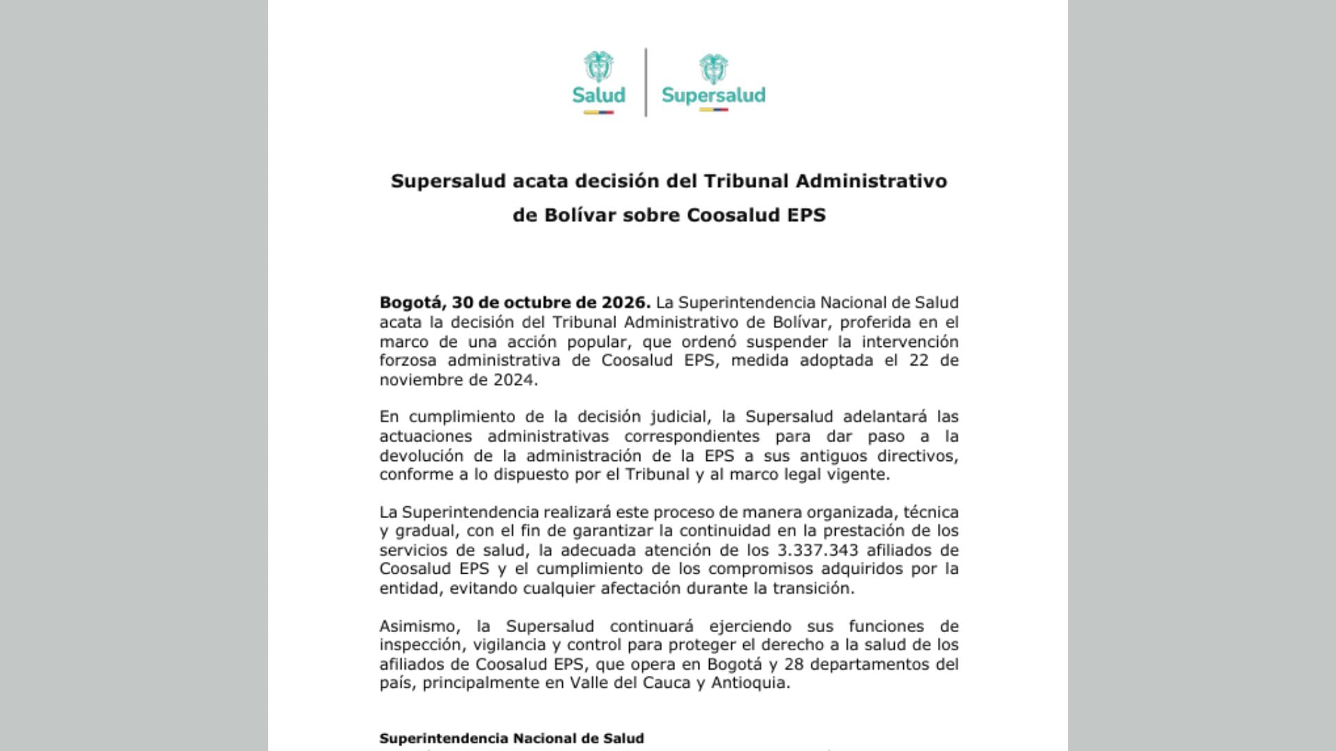 Comunicado Superintendencia Nacional de Salud.