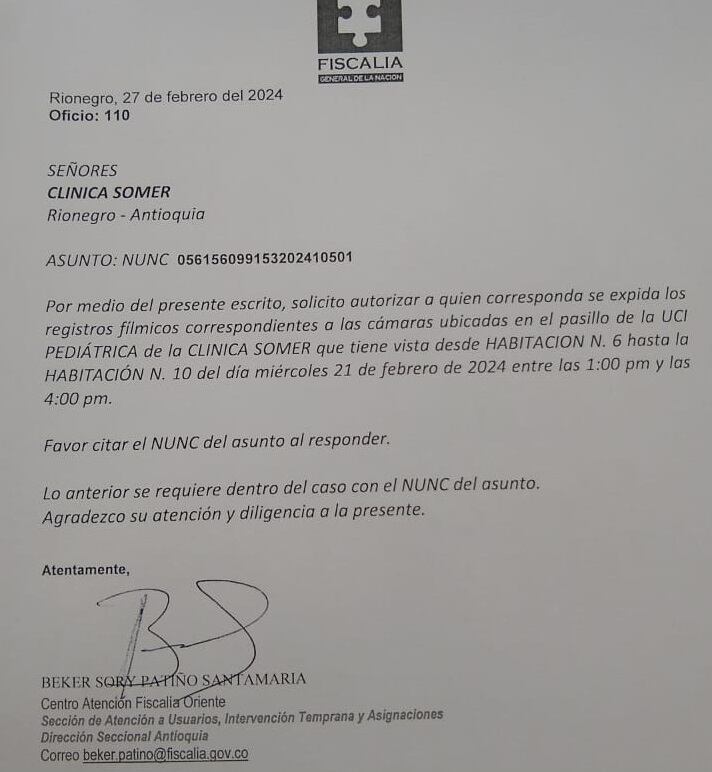 Orden jurídica emitida por la Fiscalía para que se autorice la entrega de los videos de las cámaras de seguridad.