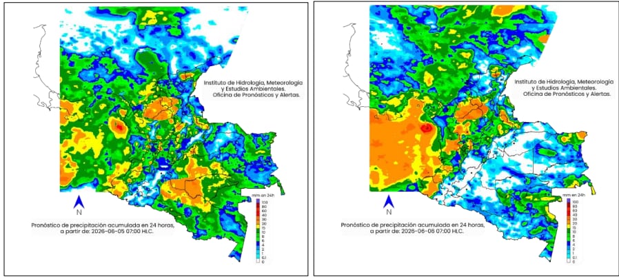 Mapa del clima del viernes 5 (izq.) y sábado 6 de junio (der.).